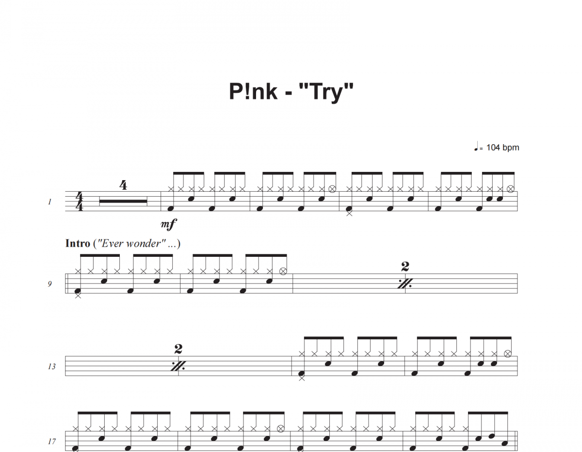 P!nk-Try架子鼓谱 老虎不说谎制谱