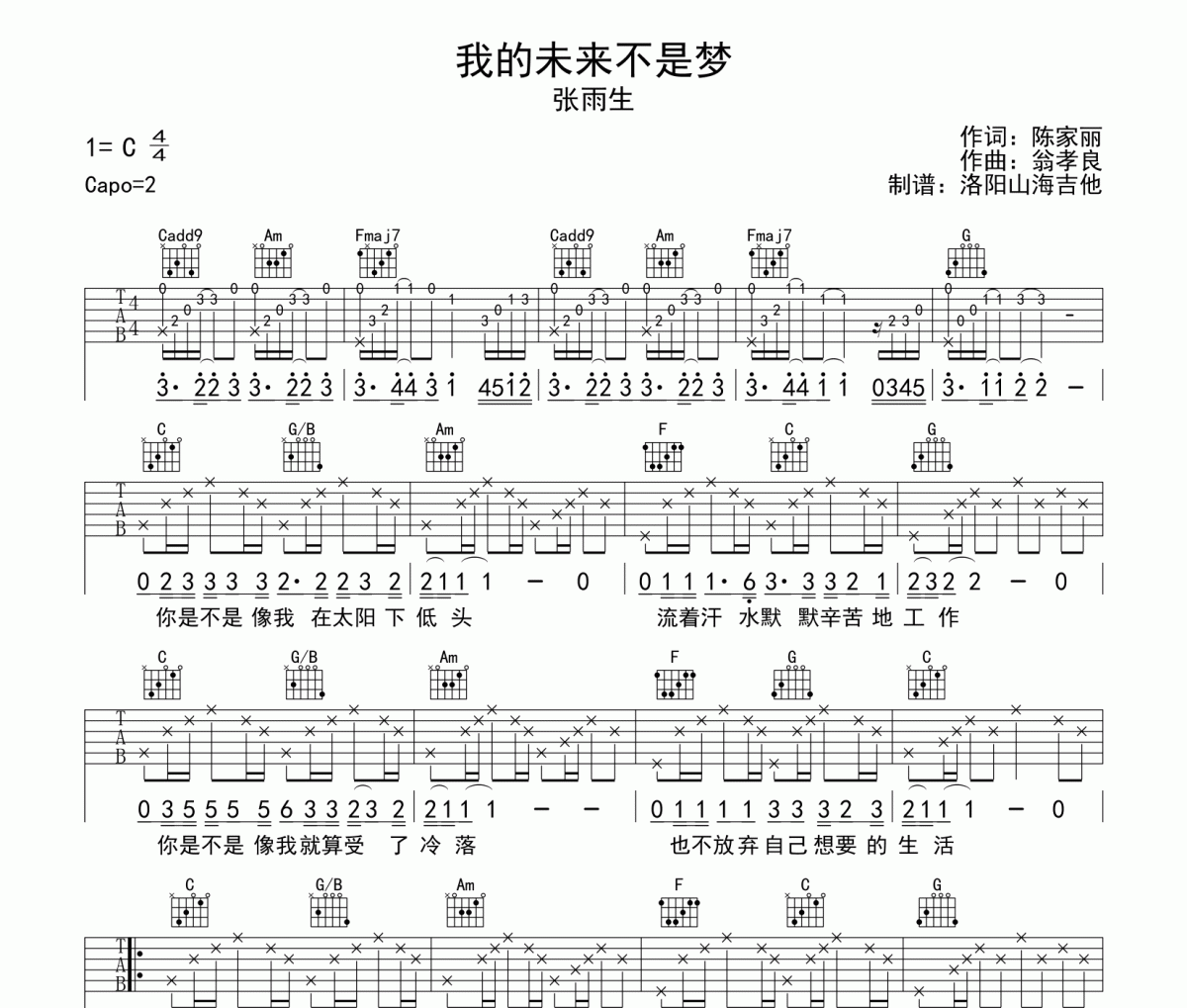 张雨生《我的未来不是梦》吉他谱弹唱谱