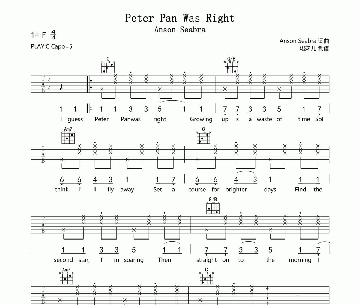 Peter Pan Was Right吉他谱 Anson Seabra-Peter Pan Was Right六线谱