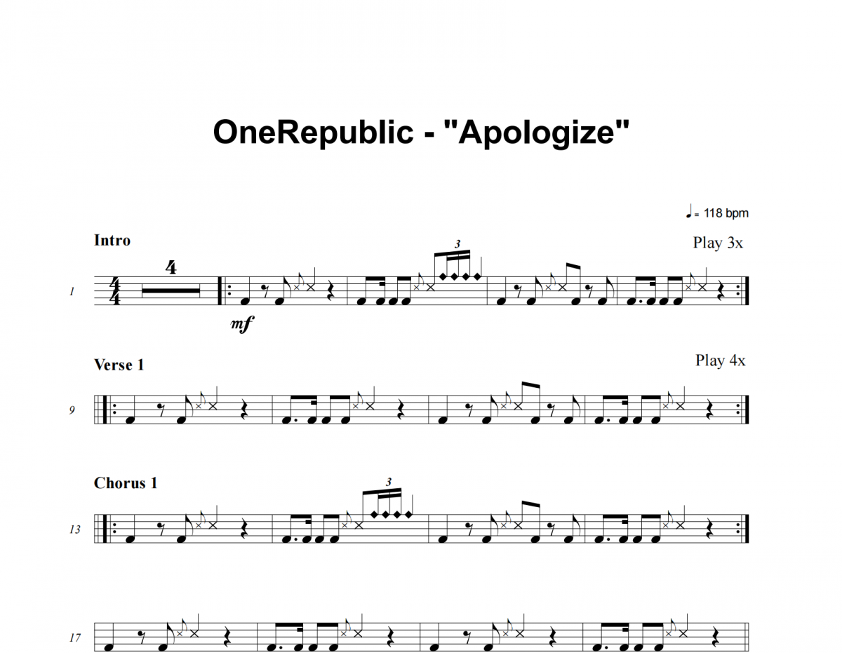 OneRepublic-Apologize架子鼓谱爵士鼓曲谱