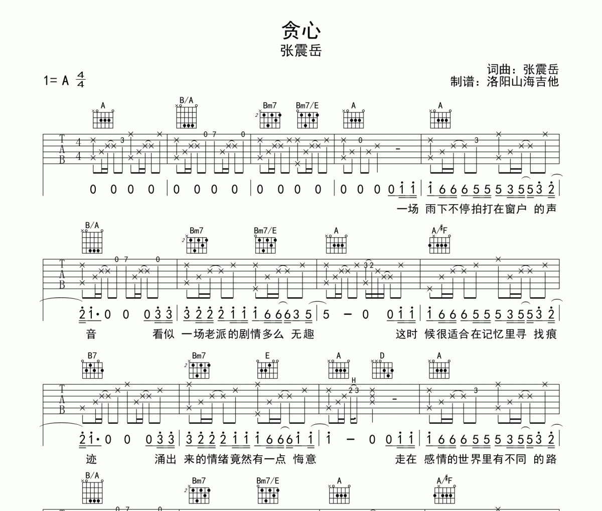 张震岳《贪心》原版吉他谱六线谱A调