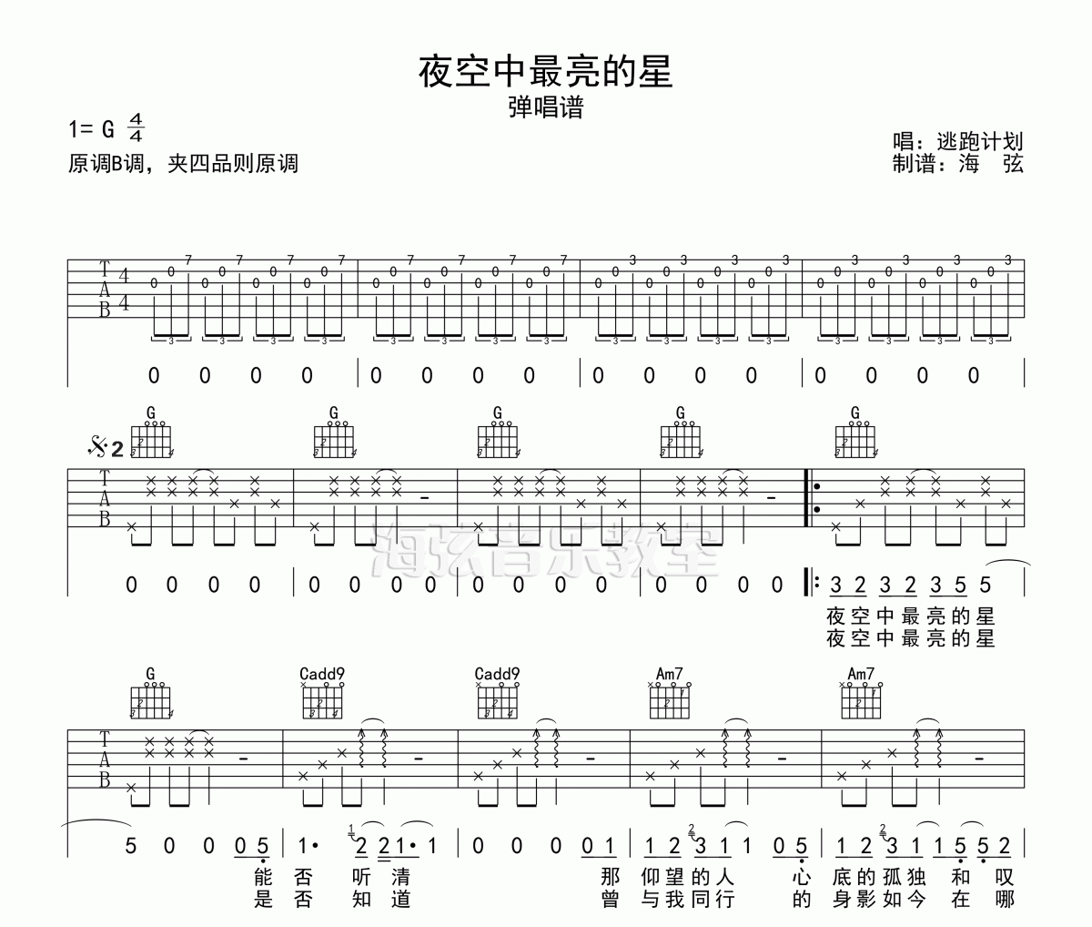 逃跑计划-夜空中最亮的星吉他谱六线谱（带前奏间奏）