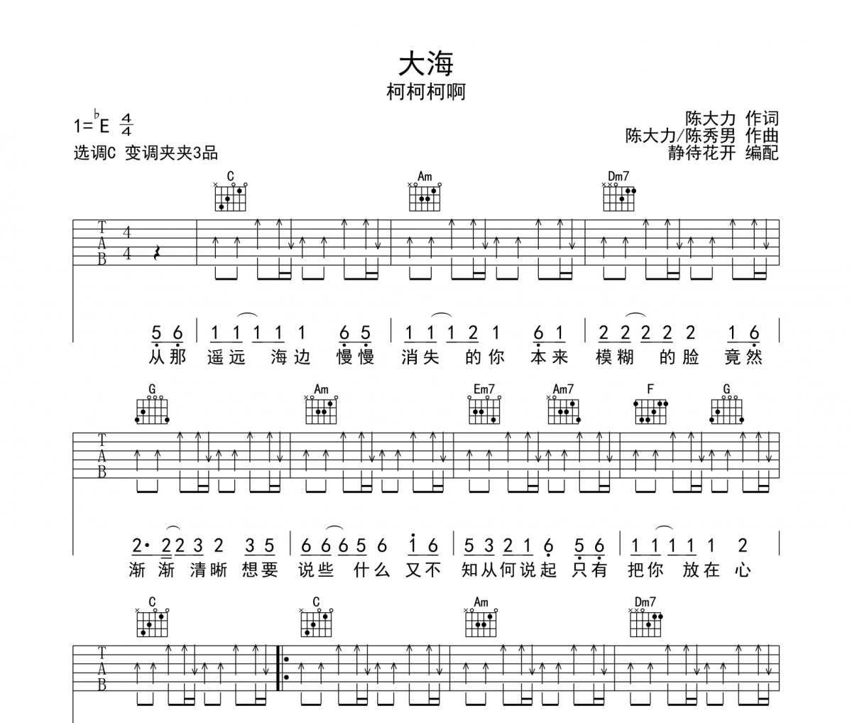 柯柯柯啊《大海》吉他谱弹唱谱C调