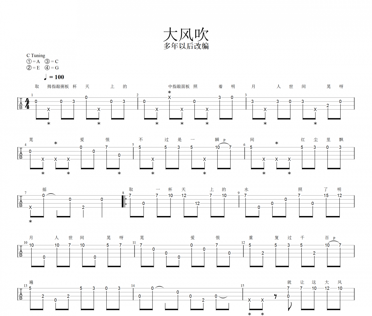 王赫野-大风吹尤克里里谱【指弹】Ukulele,乌克里里谱