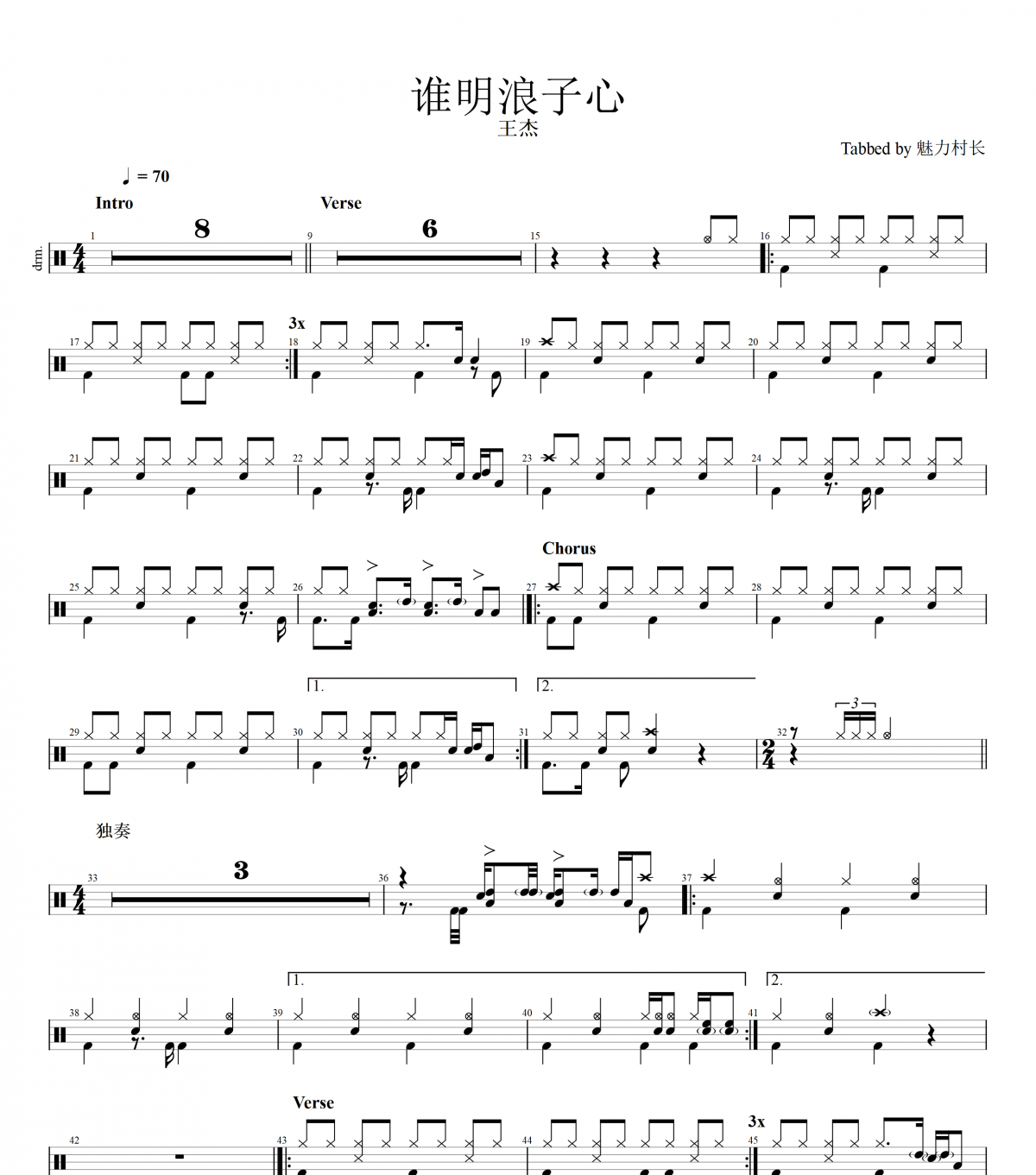 王杰-谁明浪子心架子鼓爵士鼓谱