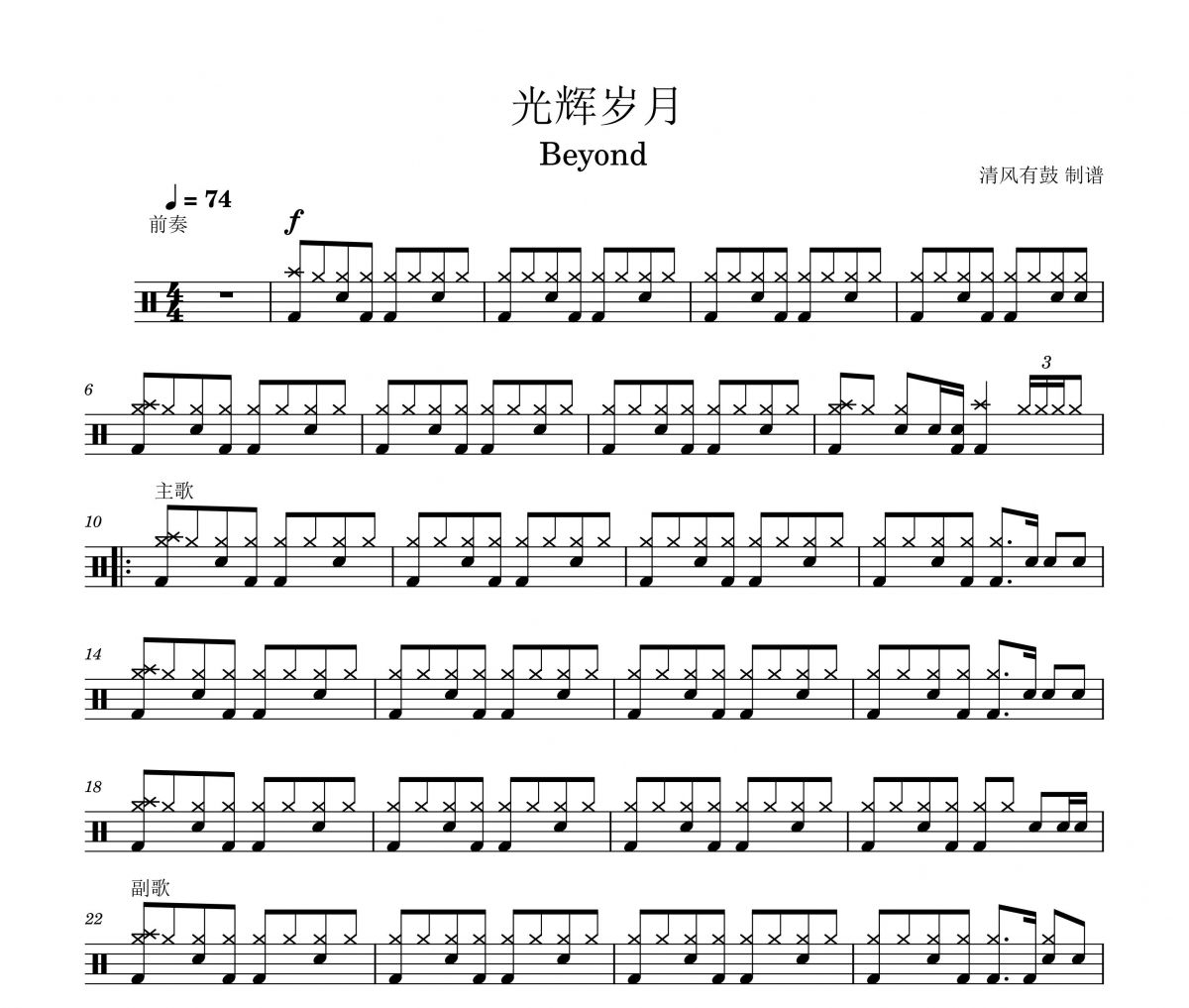 beyond乐队-光辉岁月架子鼓谱 清风有鼓制谱