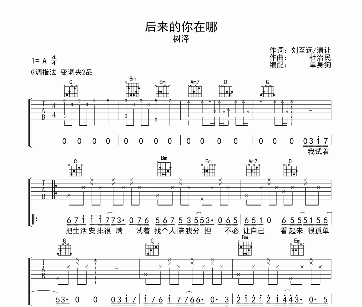 树泽《后来的你在哪》吉他谱六线谱