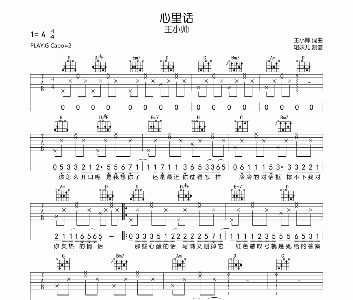 心里话吉他谱 王小帅-心里话六线谱G调指法编配
