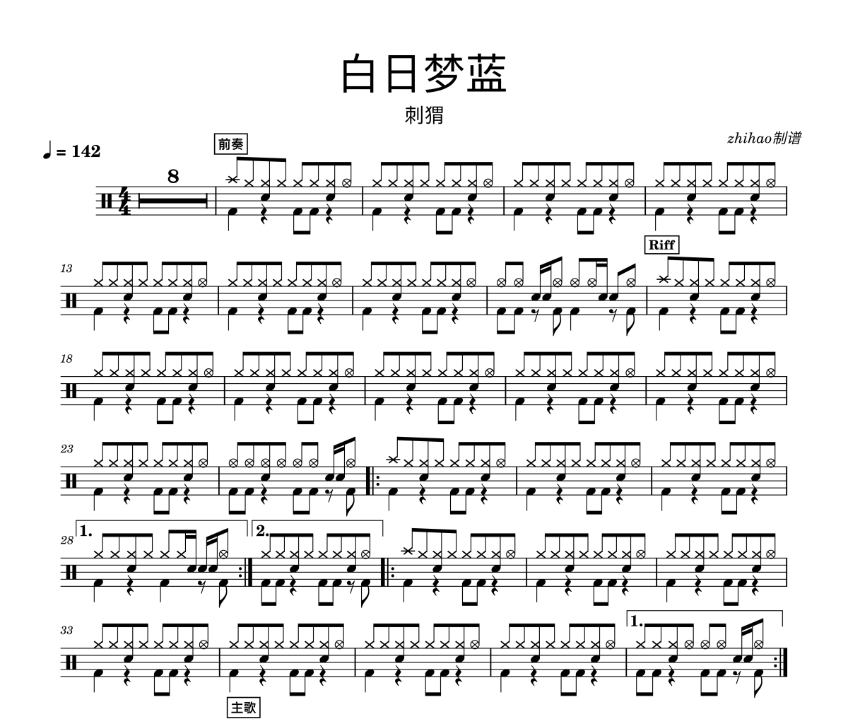 刺猬《白日梦蓝》架子鼓|爵士鼓|鼓谱 zhihao制谱