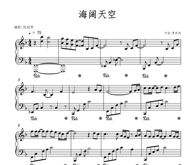 Beyond黄家驹《海阔天空》原调版五线谱|钢琴谱
