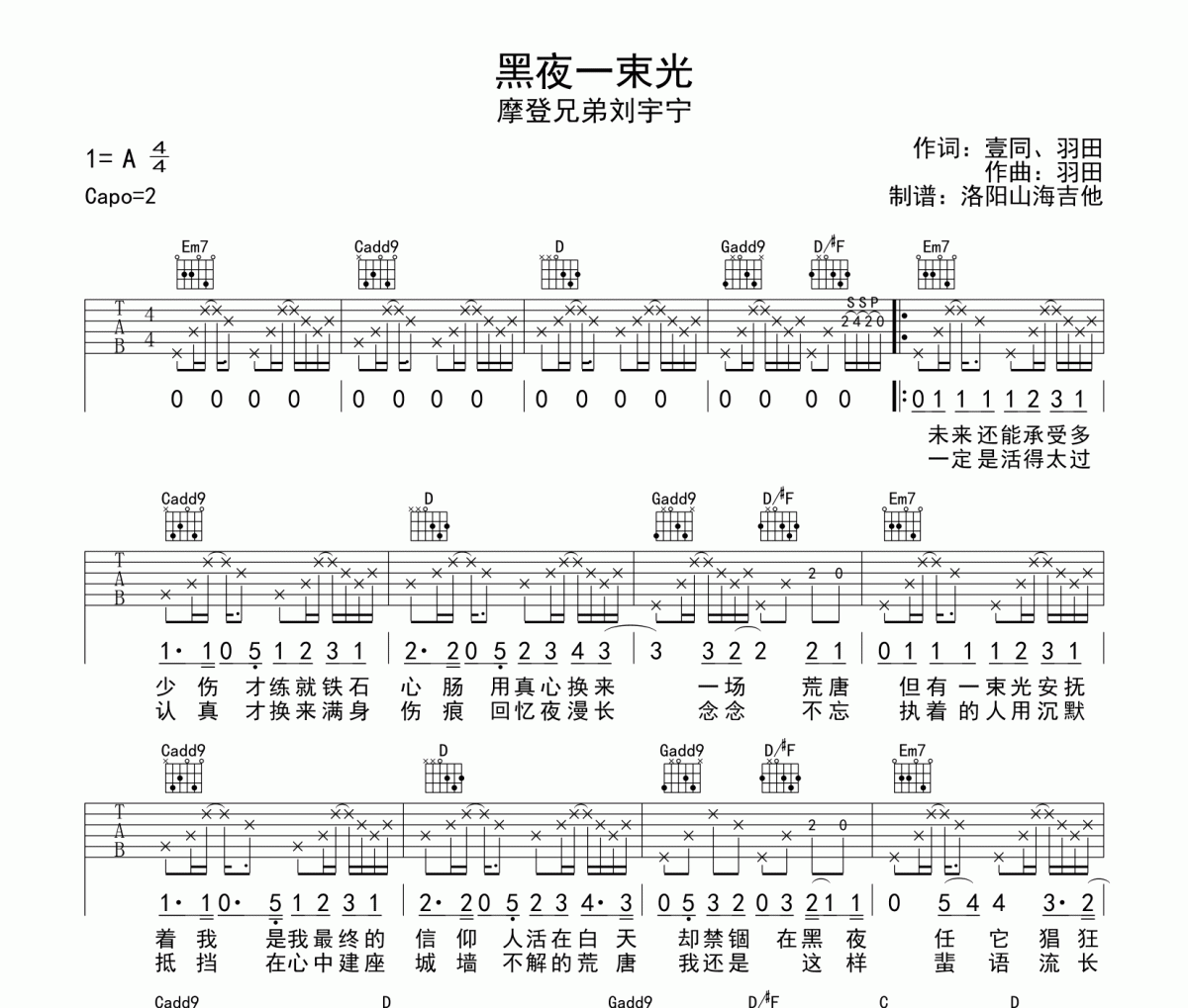 黑夜一束光吉他谱 摩登兄弟刘宇宁《黑夜一束光》六线谱|吉他谱