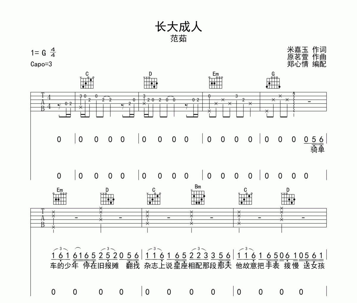 长大成人吉他谱 范茹《长大成人》六线谱|吉他谱