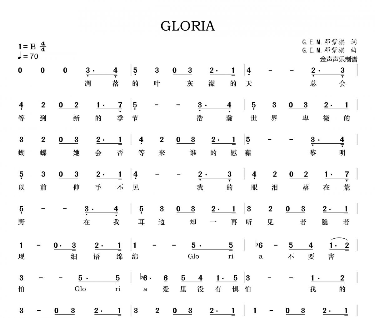 GLORIA简谱 邓紫棋《GLORIA》简谱+动态简谱视频