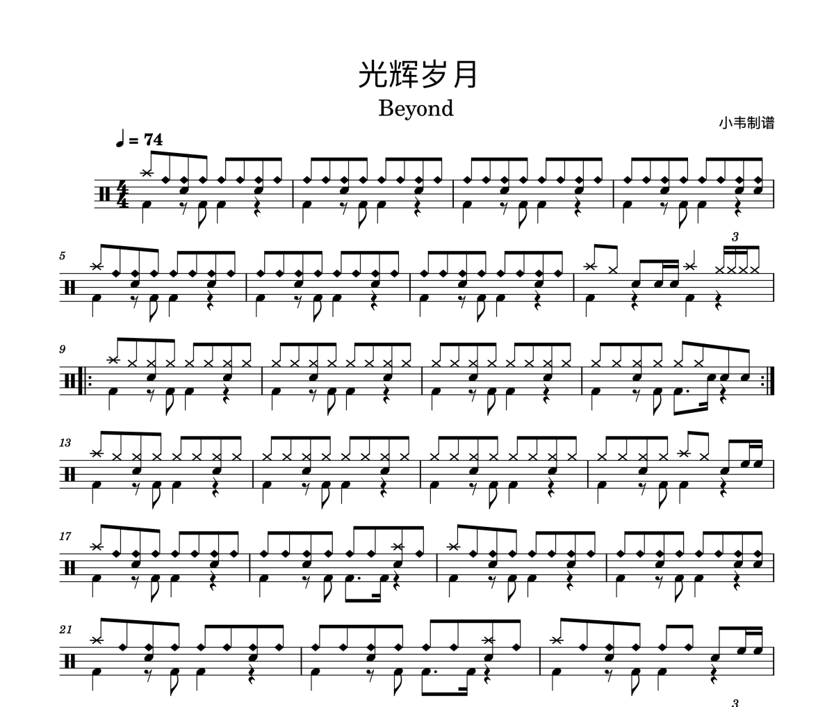 光辉岁月鼓谱 Beyond《光辉岁月》架子鼓|爵士鼓|鼓谱