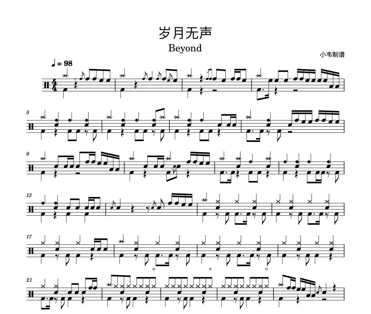 岁月无声鼓谱 Beyond《岁月无声》架子鼓|爵士鼓|鼓谱