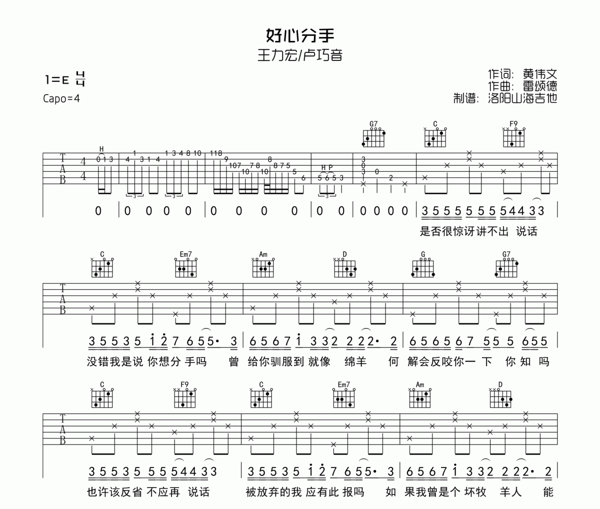 王力宏/卢巧音-好心分手六线谱|吉他谱C调