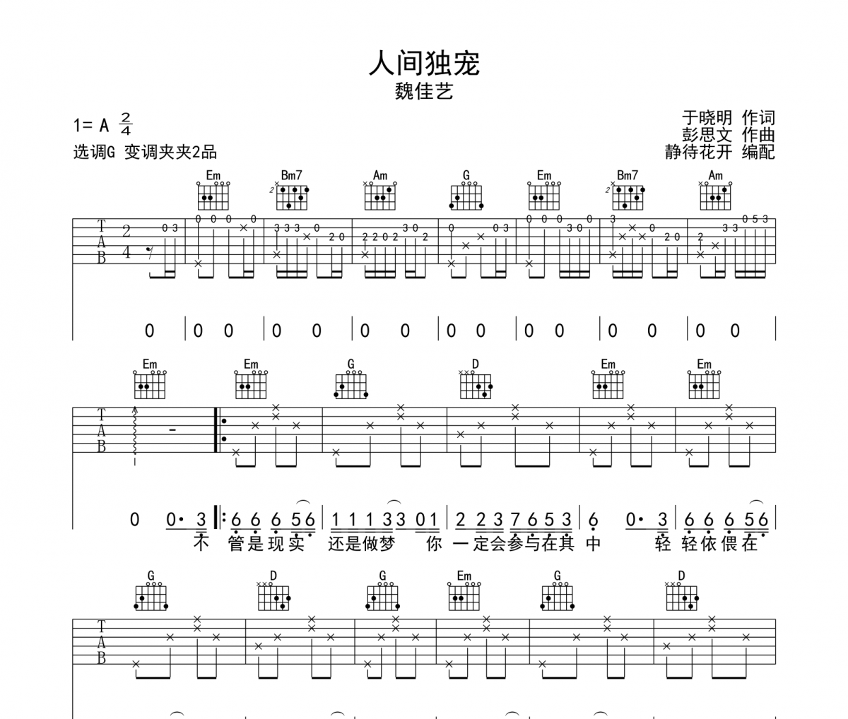 人间独宠吉他谱 魏佳艺《人间独宠》六线谱|吉他谱G调