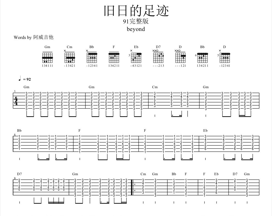 旧日的足迹 91版家驹部分SOLO吉他谱 Beyond -旧日的足迹 91版家驹部分电吉他SOLO