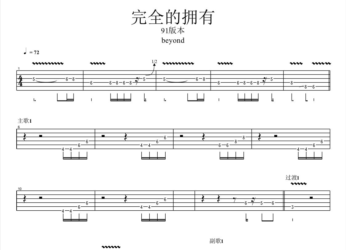 91版完全的拥有 主音SOLO吉他谱 Beyond -91版完全的拥有电吉他主音SOLO