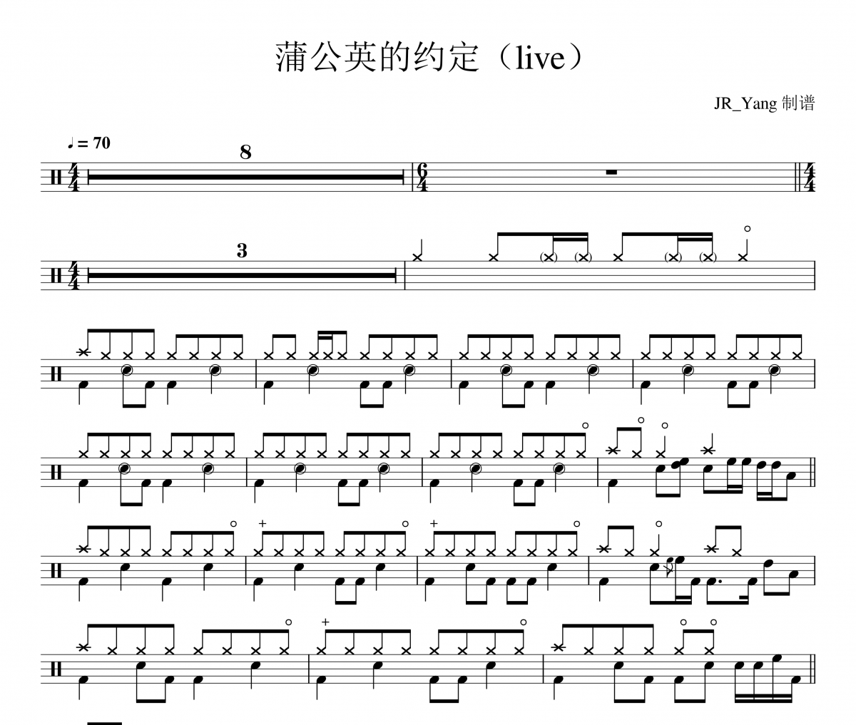 蒲公英的乐队鼓谱 周杰伦-蒲公英的乐队(2007世界巡回演唱会)架子鼓谱