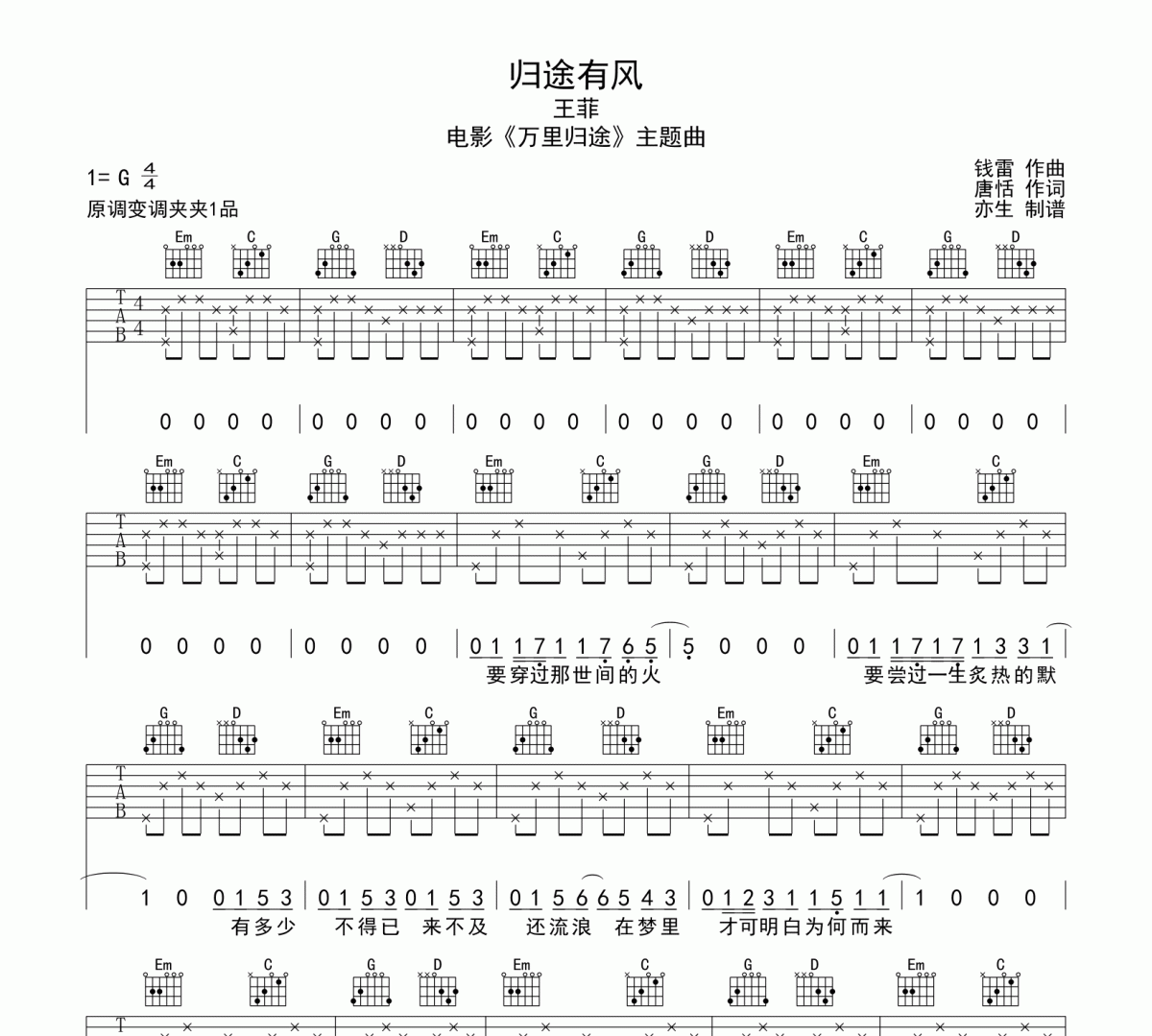 归途有风吉他谱 王菲-归途有风G调和弦指法演奏弹唱谱