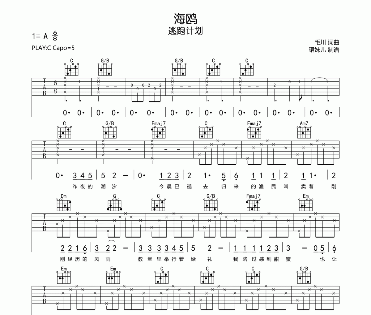 海鸥吉他谱 逃跑计划《海鸥》六线谱|吉他谱