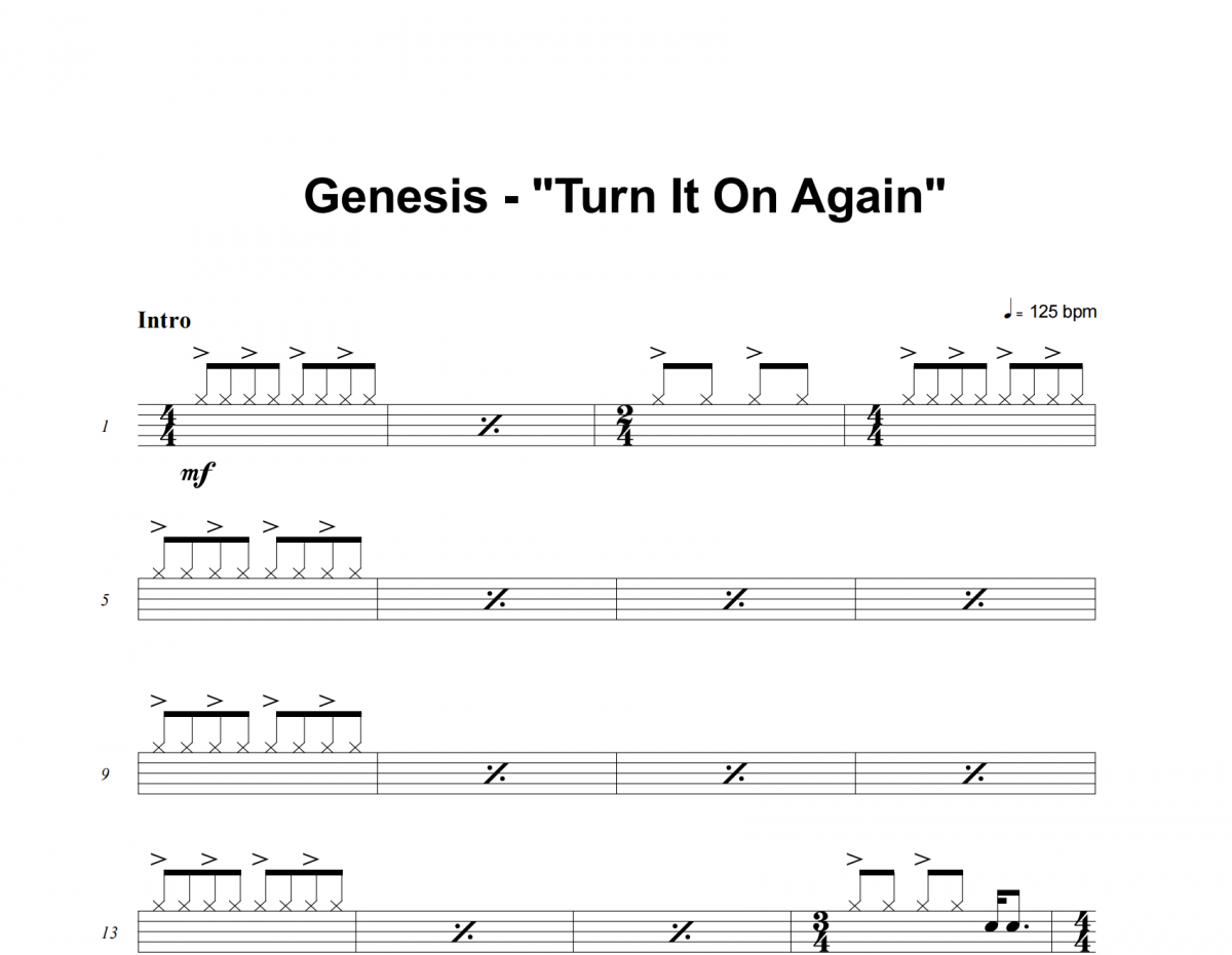 Turn It On Again鼓谱 Genesis《Turn It On Again》架子鼓|爵士鼓|鼓谱