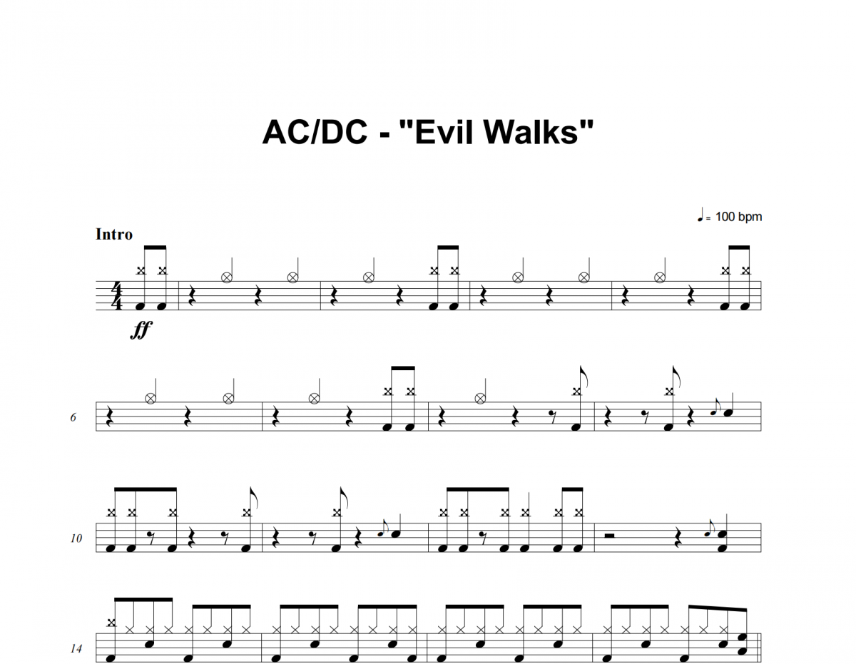 Evil Walks鼓谱 ACDC《Evil Walks》架子鼓|爵士鼓|鼓谱