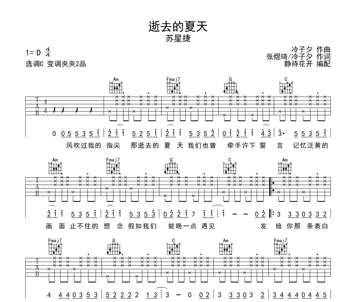 逝去的夏天吉他谱 苏星捷《逝去的夏天》六线谱|吉他谱