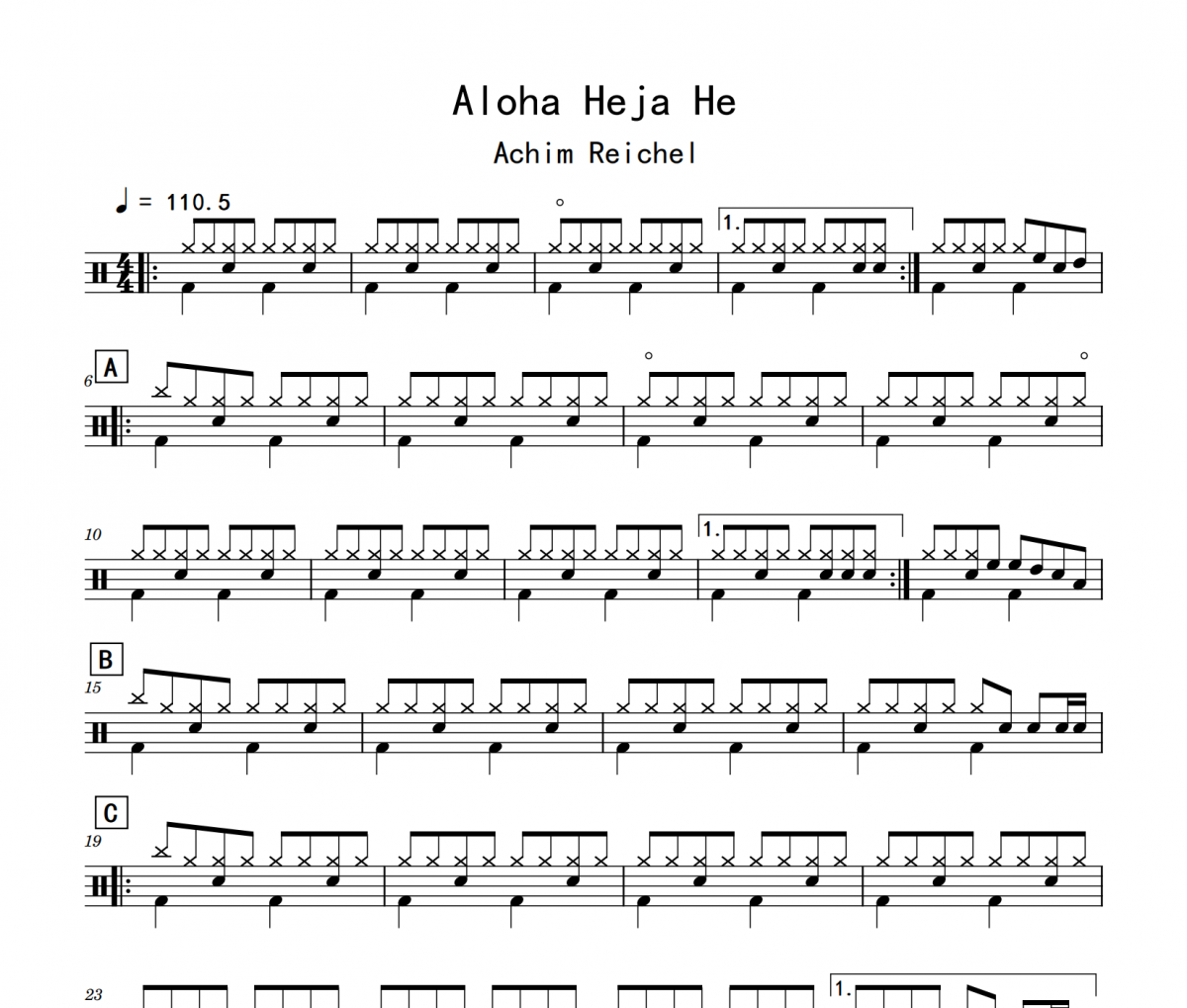 Aloha Heja He鼓谱 Achim Reichel-Aloha Heja He(初级)架子鼓|爵士鼓|鼓谱