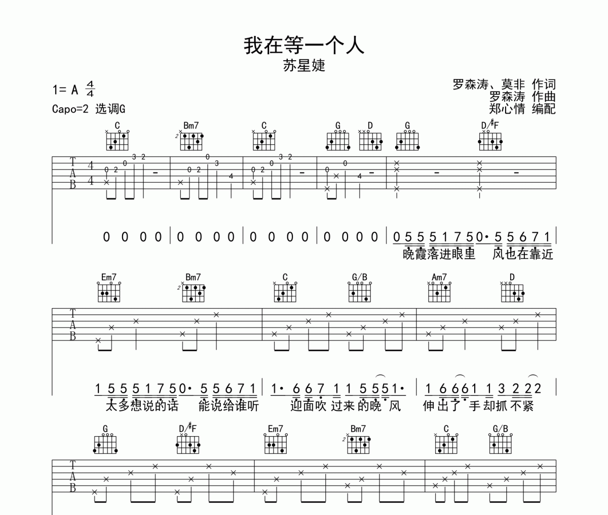 我在等一个人吉他谱 苏星婕-我在等一个人六线谱G调指法编配
