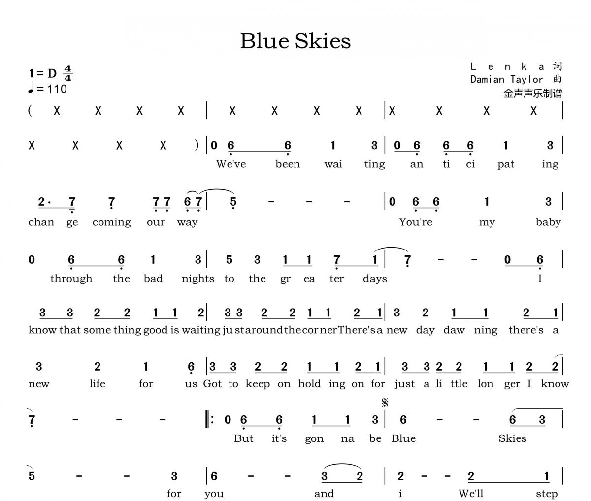 Blue Skies简谱 Lenka《Blue Skies》简谱+动态简谱视频