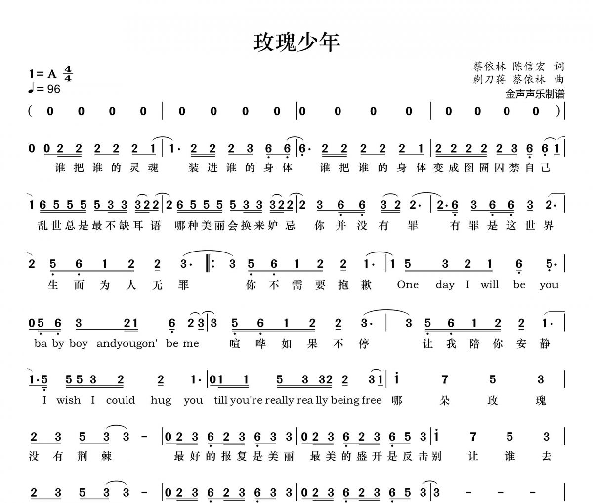 玫瑰少年简谱 五月天《玫瑰少年》简谱+动态视频