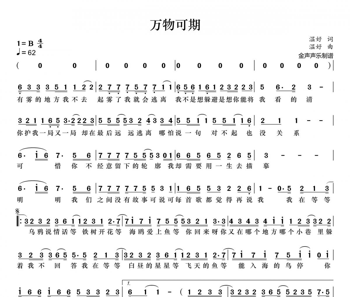 万物可期简谱 程响《万物可期》简谱+动态简谱视频