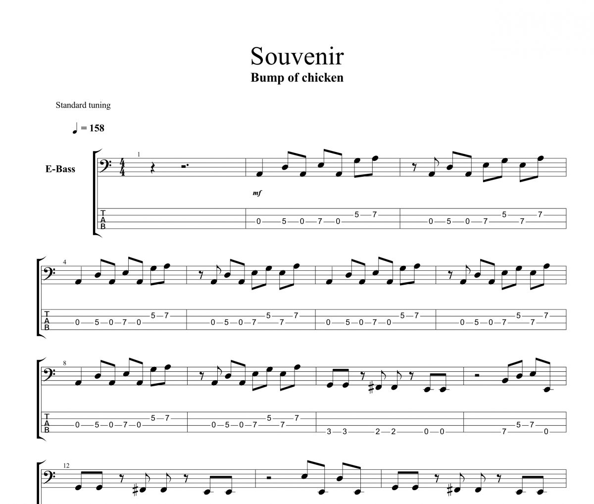 Souvenir贝斯谱 Bump of chicken《Souvenir》贝司BASS谱