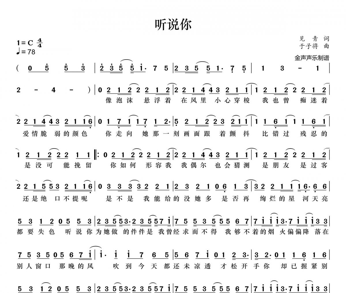 听说你简谱 于冬然《听说你》简谱+动态视频