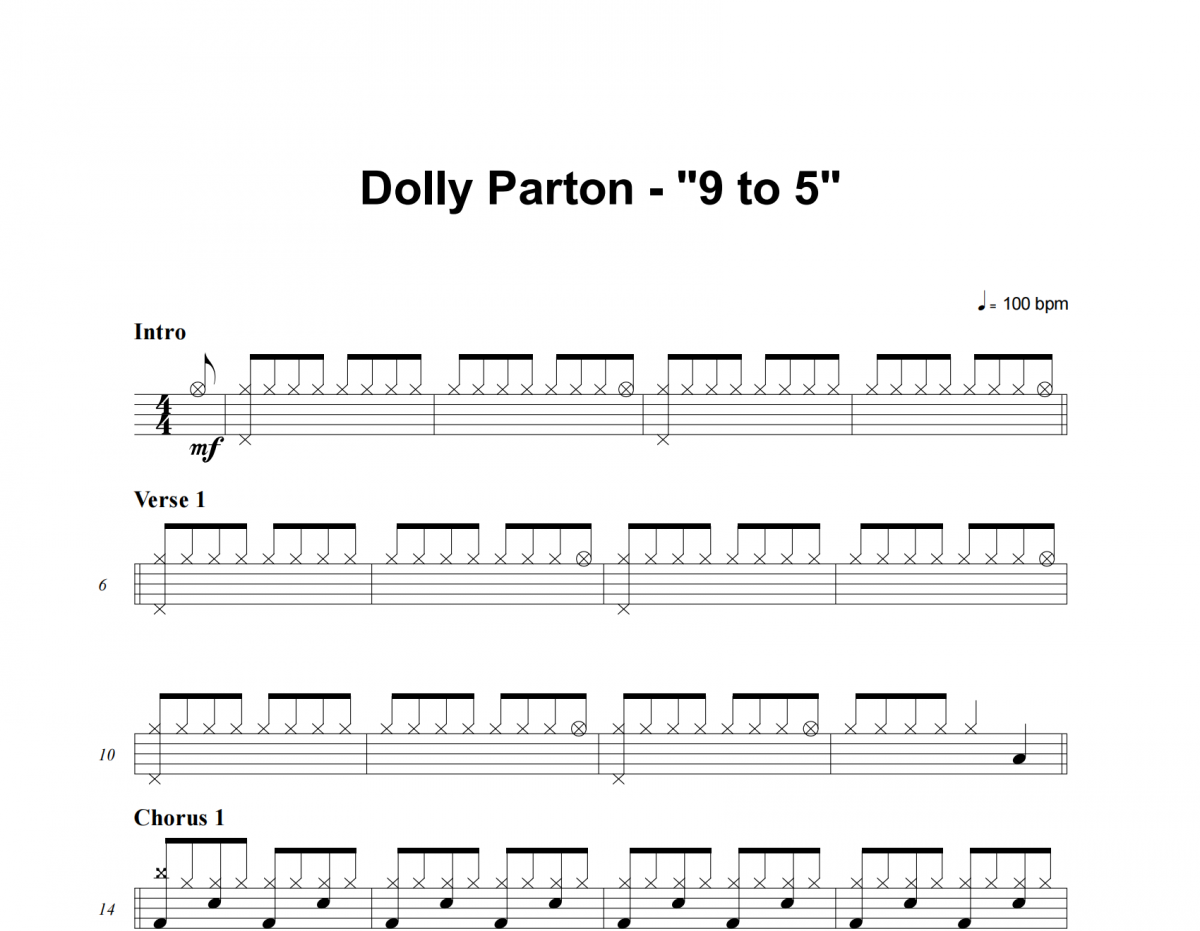 9 to 5鼓谱 Dolly Parton《9 to 5》架子鼓|爵士鼓|鼓谱