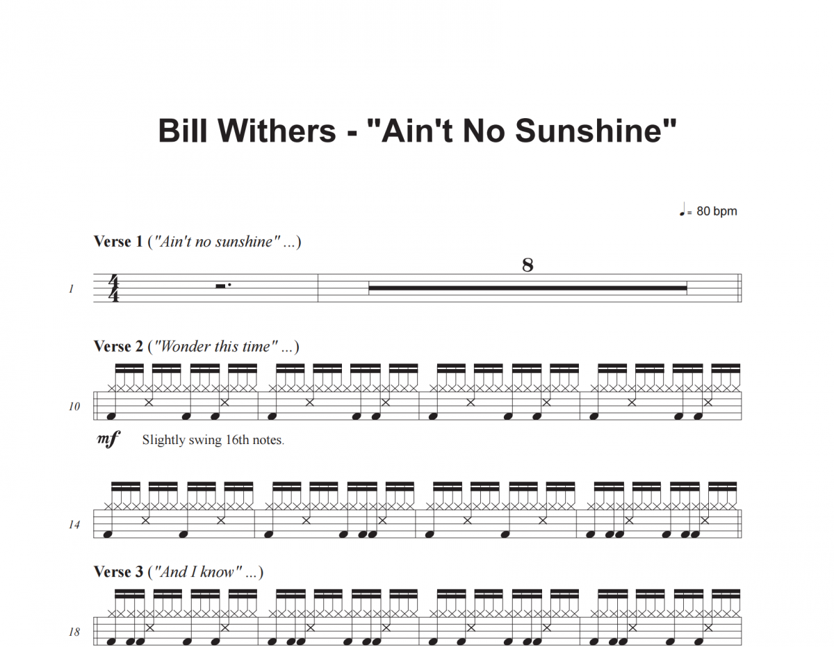 Ain't No Sunshine鼓谱 Bill Withers《Ain't No Sunshine》架子鼓|爵士鼓|鼓