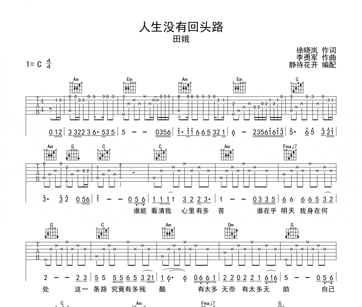 人生没有回头路吉他谱 田娥《人生没有回头路》六线谱|吉他谱