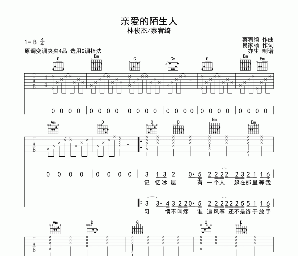 亲爱的陌生人吉他谱 林俊杰-亲爱的陌生人六线谱G调和弦指法吉他谱