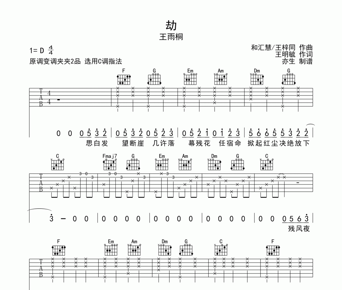 劫吉他谱 王雨桐《劫》六线谱C调和弦指法演奏吉他谱
