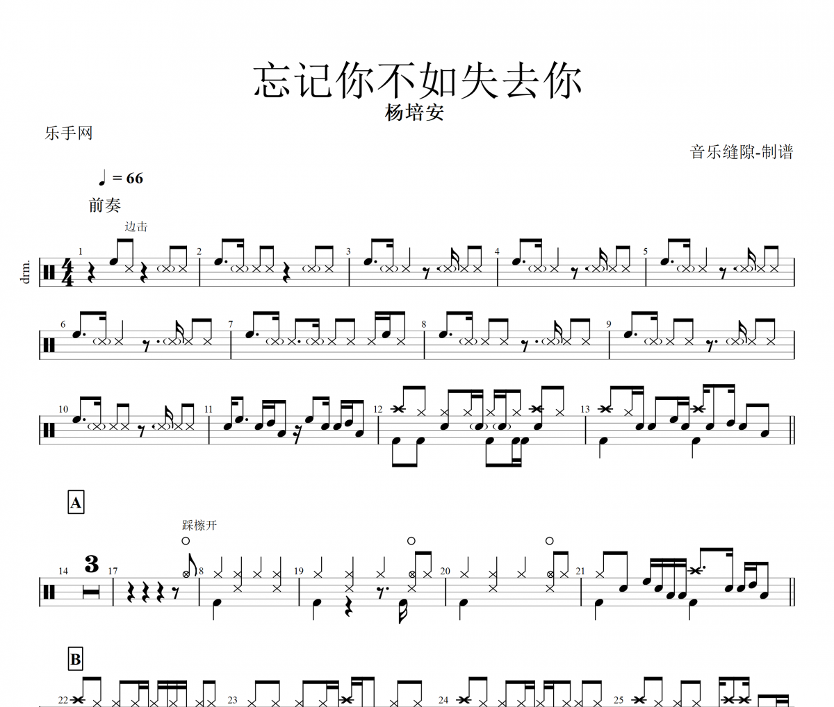 忘记你不如失去你鼓谱 杨培安《忘记你不如失去你》架子鼓鼓谱+动态视频