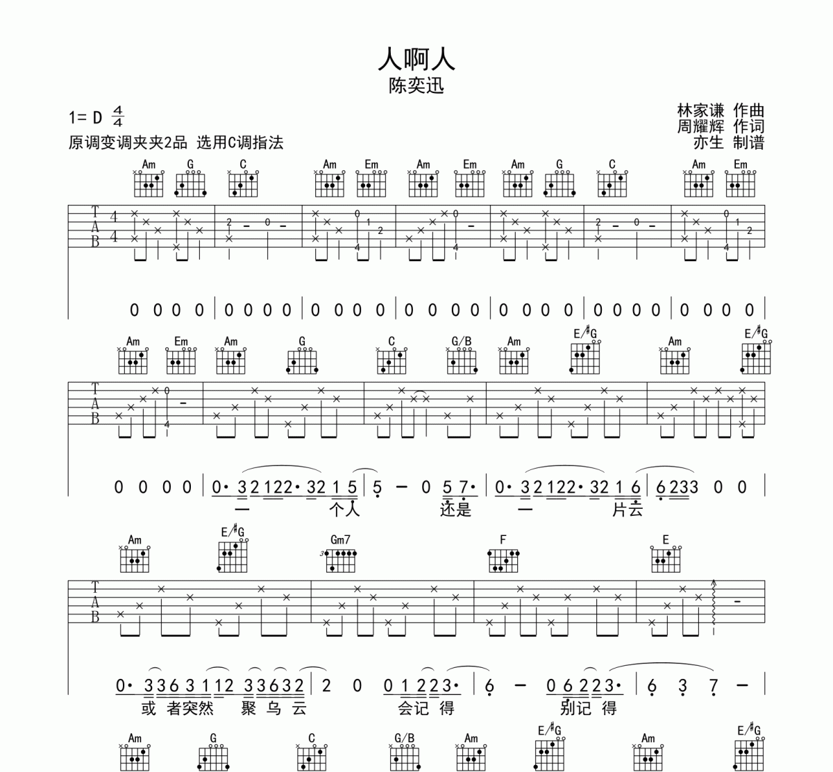 人啊人吉他谱 陈奕迅《人啊人》六线谱调和弦指法演奏