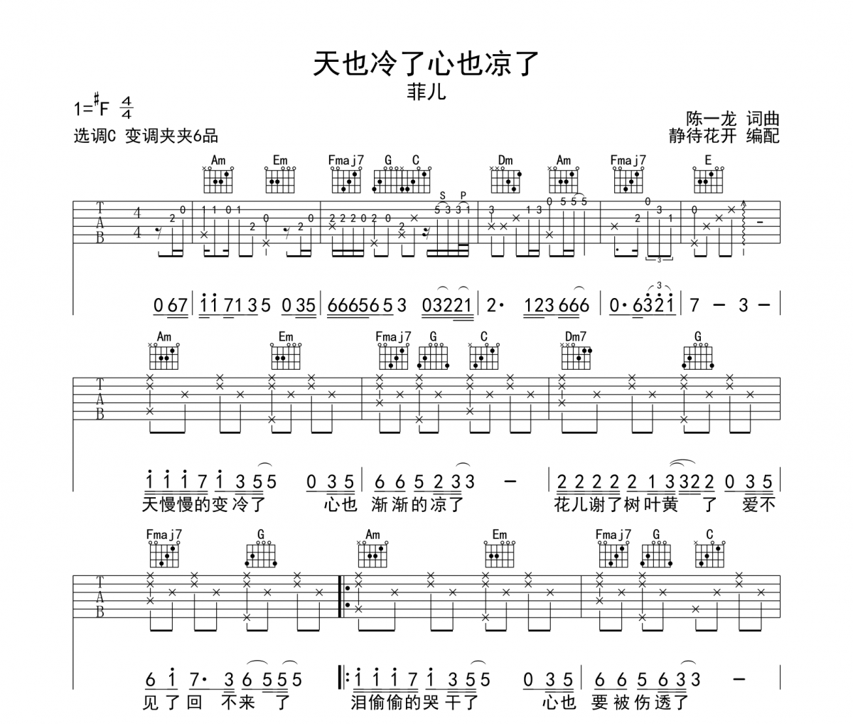天也冷了心也凉了吉他谱 菲儿《天也冷了心也凉了》六线谱C调吉他谱