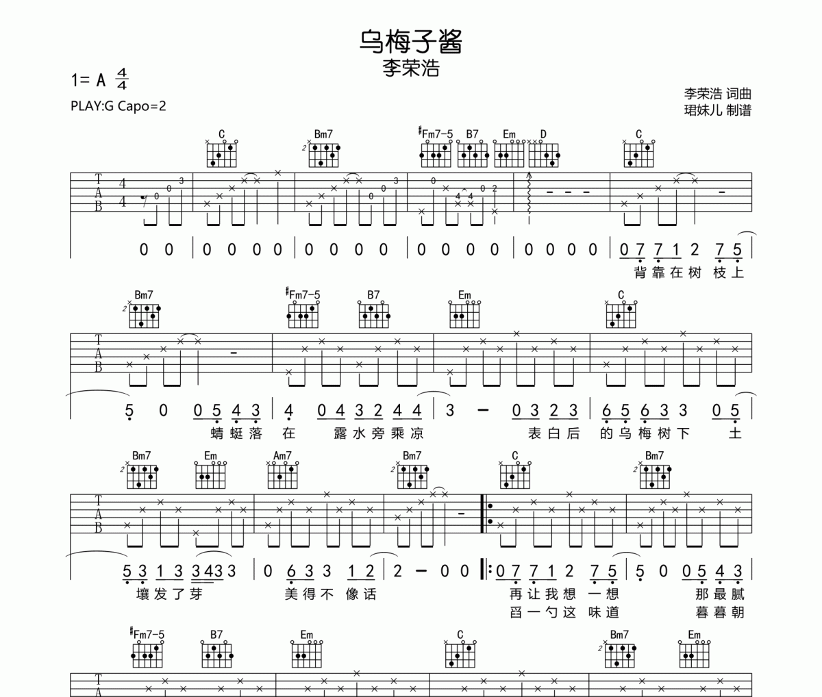 乌梅子酱吉他谱 李荣浩-乌梅子酱G调指法编配弹唱谱