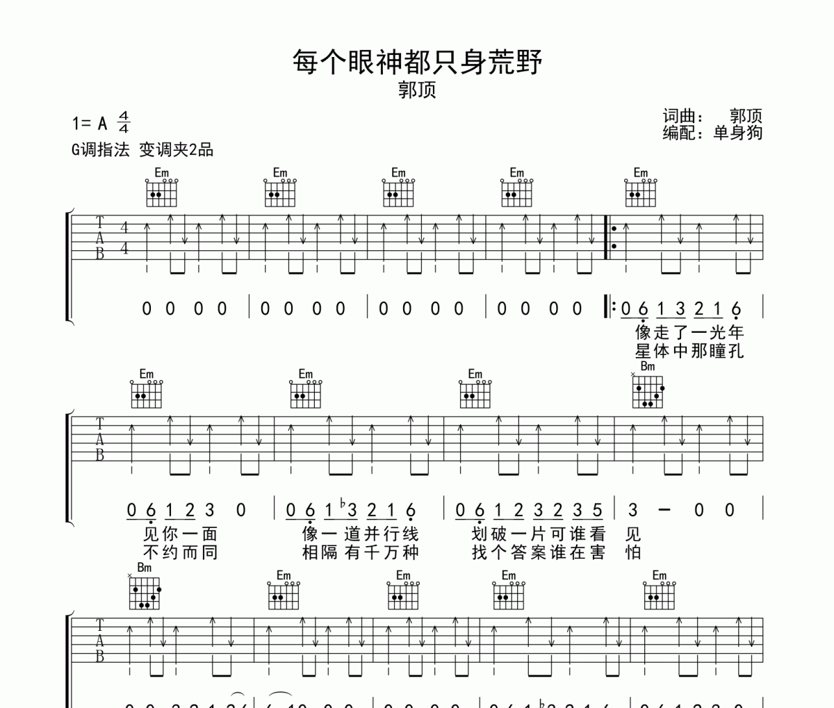 每个眼神都只身荒野吉他谱 郭顶《每个眼神都只身荒野》G调弹唱谱