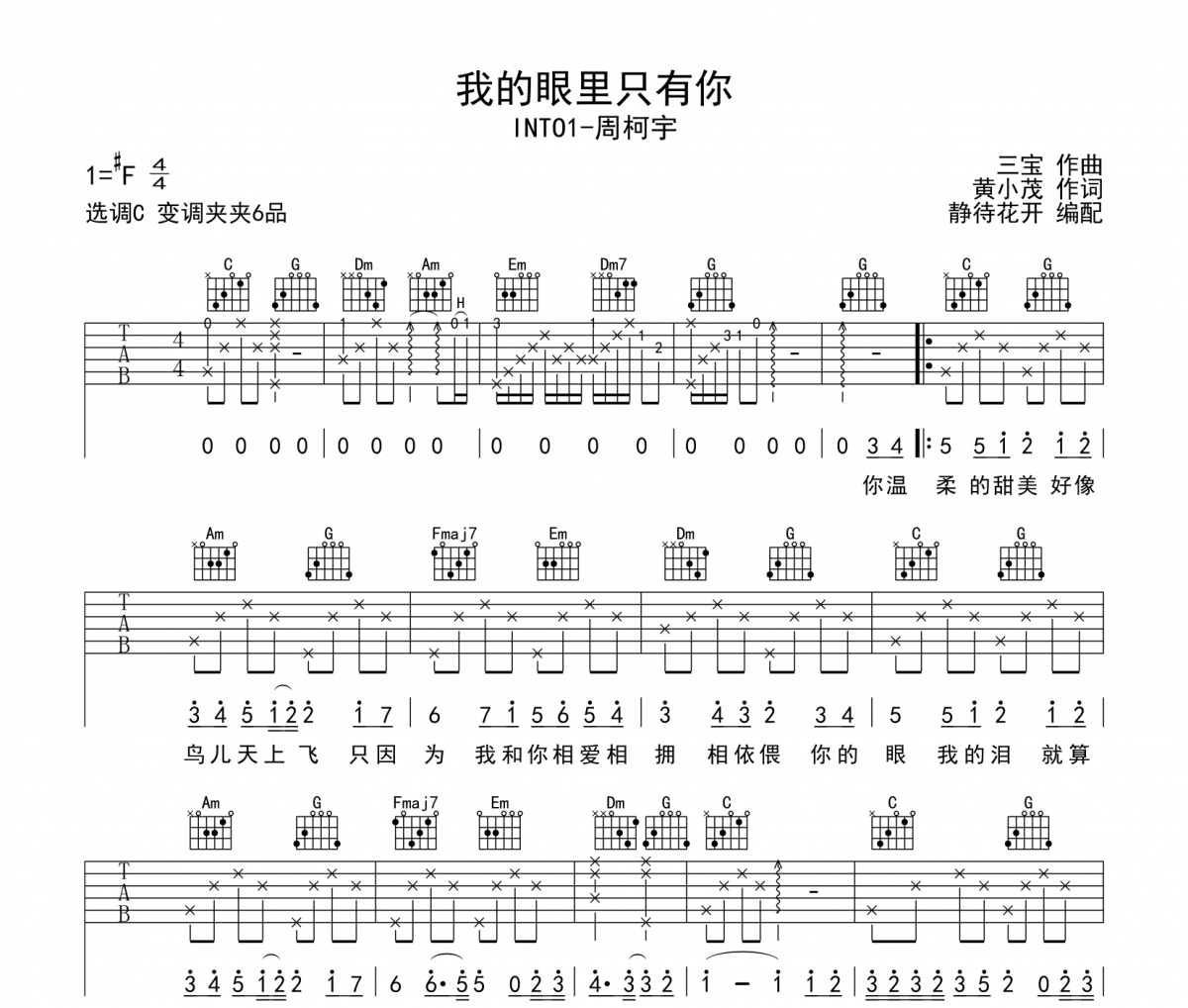我的眼里只有你吉他谱 INTO1-周柯宇《我的眼里只有你》C调弹唱谱