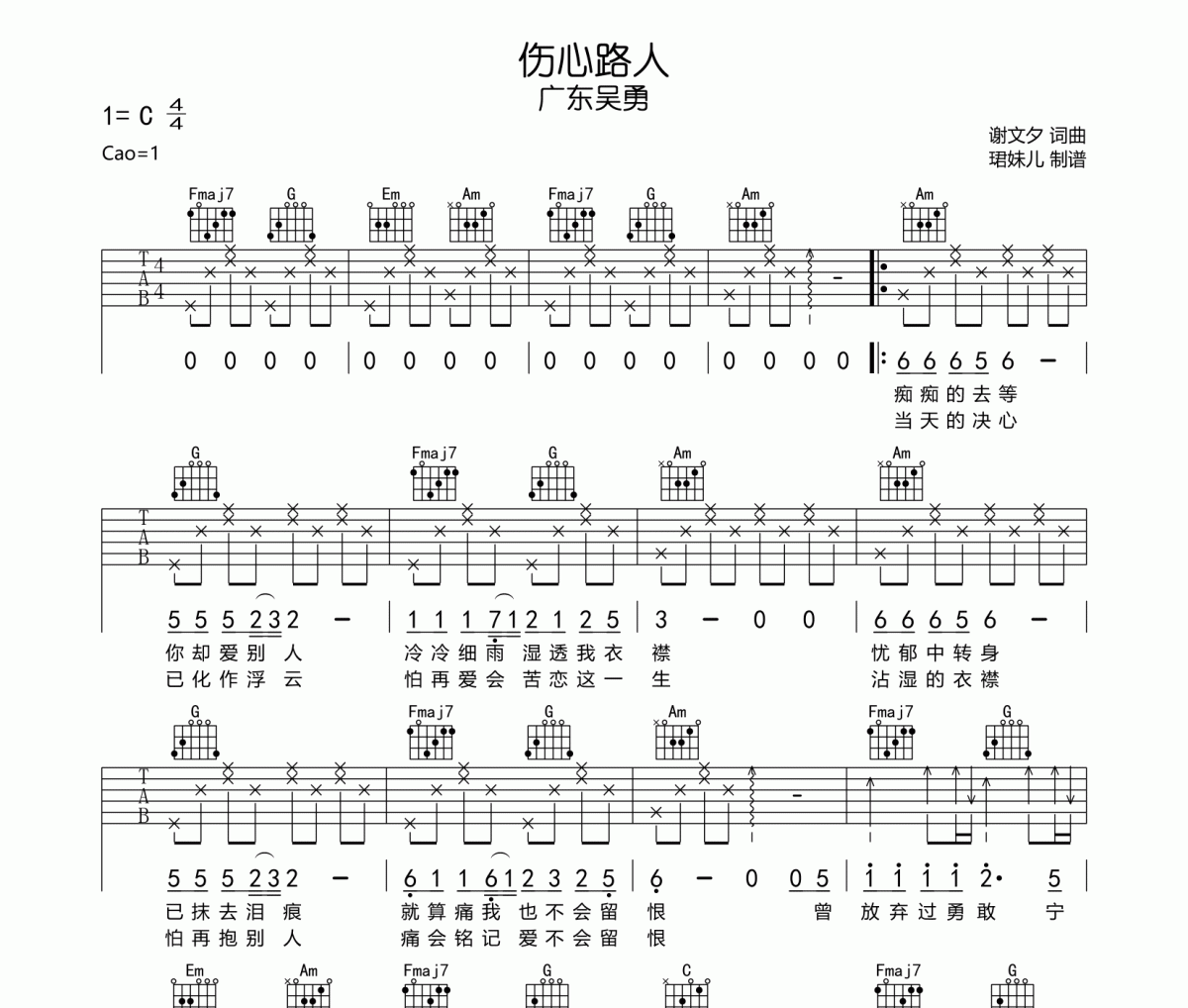 伤心路人吉他谱 广东吴勇-伤心路人C调指法编配弹唱谱