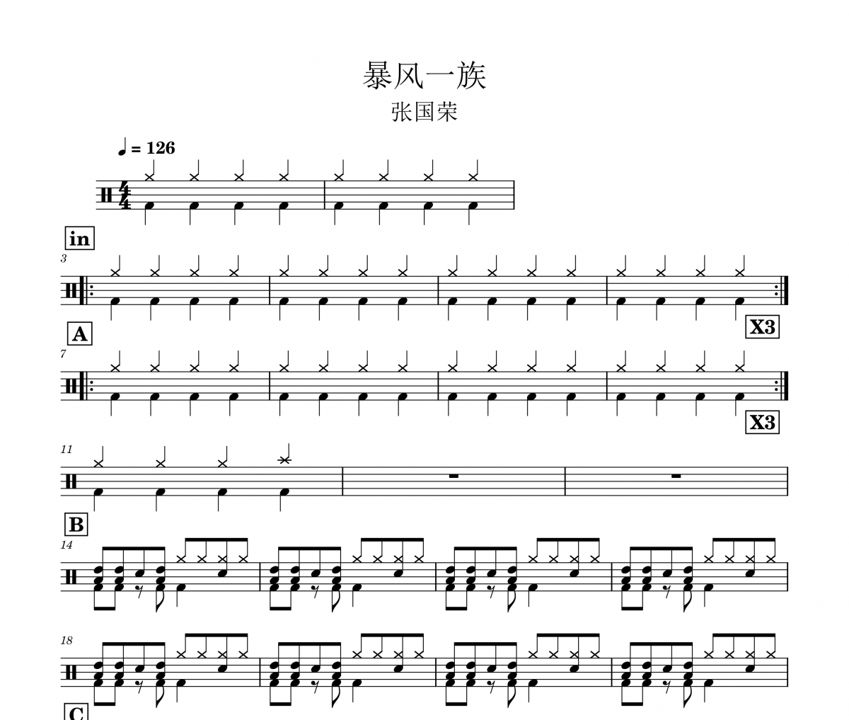 暴风一族鼓谱 张国荣《暴风一族》架子鼓|爵士鼓|鼓谱