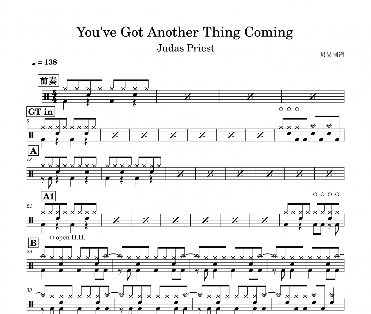 Judas Priest-You've Got Another Thing Coming架子鼓|爵士鼓|鼓谱